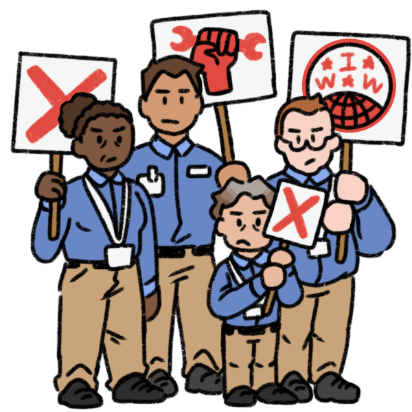 variety of four workers protesting together. They all wear blue collared shirts, khakis, and dark shoes, and are holding signs. Two of them have red X's on them, one has a fist holding a double ended wrench, and one has the Industrial Workers of the World logo on their sign.